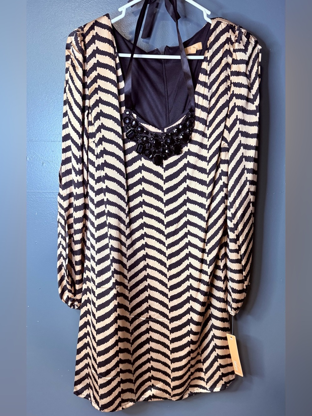 Takara Black and Cream Chevron Long Sleeve Dress with Beaded Neck